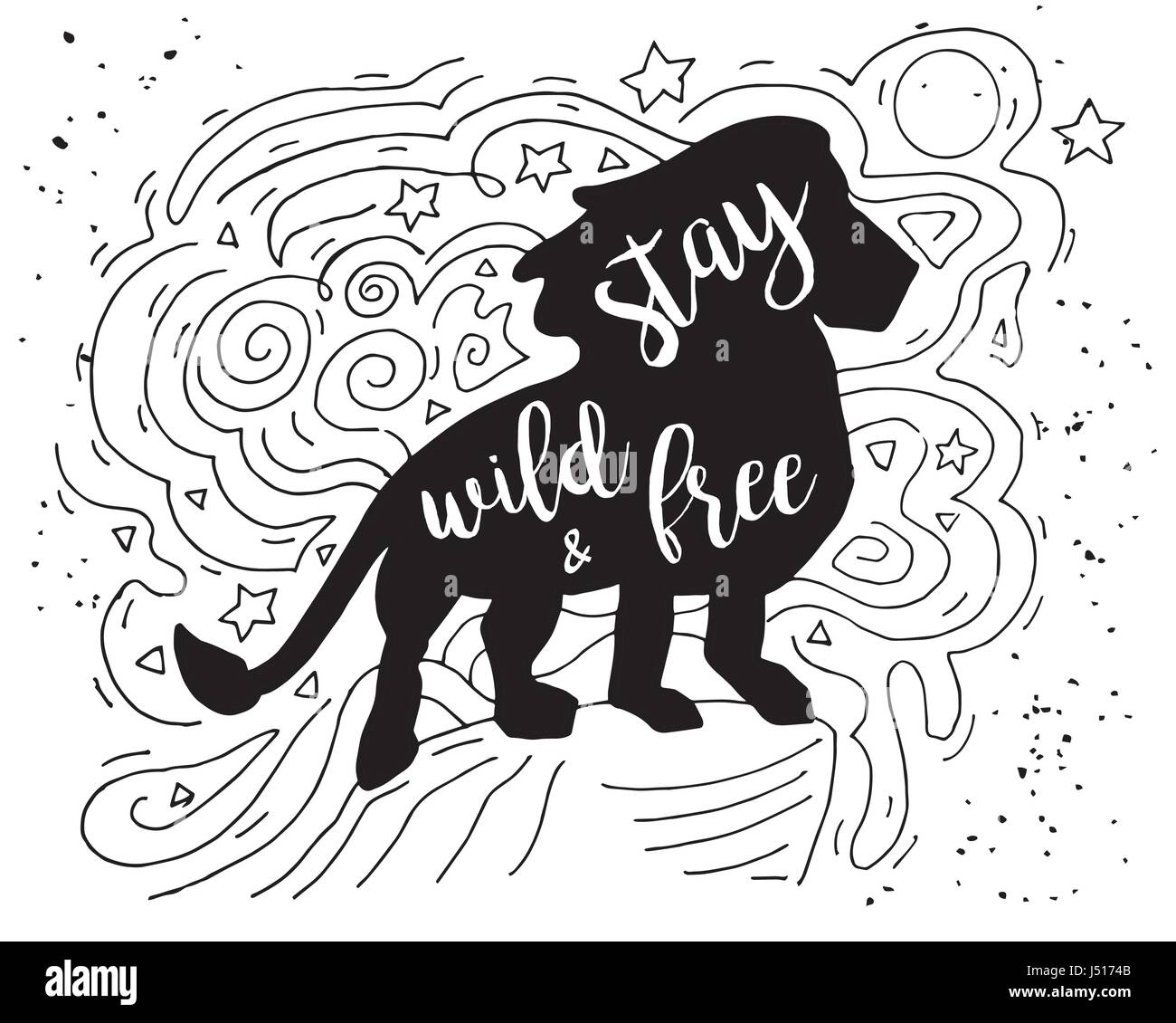 Illustration avec Lion rester sauvage et libre Motivational Quote.Hand drawn doodle vintage grunge illustration avec lettrage à la main. Pour la carte de vœux, T-s Illustration de Vecteur