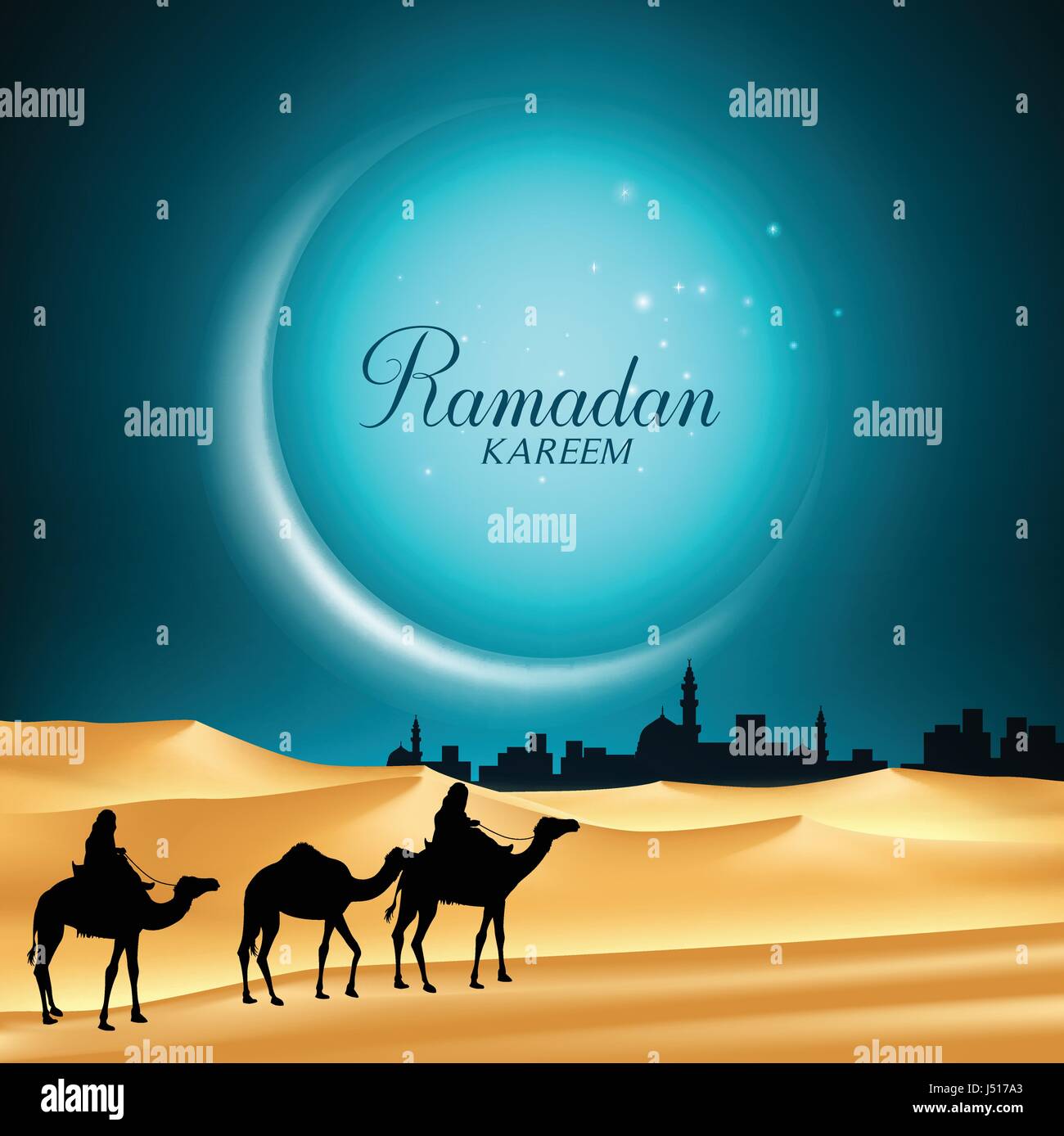 Ramadan Kareem Lune Vector Background dans la nuit avec des chameaux Équitation dans le désert de sable allant à la ville au Moyen-Orient pour le mois sacré. Illustration de Vecteur