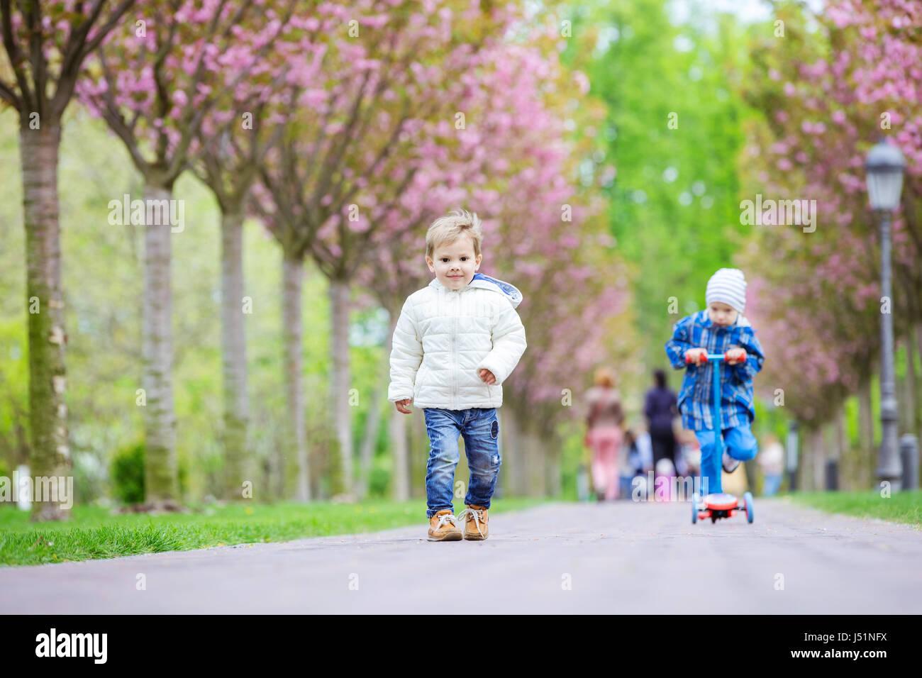 Les Jeunes Garçons Sur Marche Au Printemps, Parc Enfant Plus Jeune Qui  Marche Le Long Lane Et Souriant, Plus Un Riding Scooter Photo Stock - Alamy