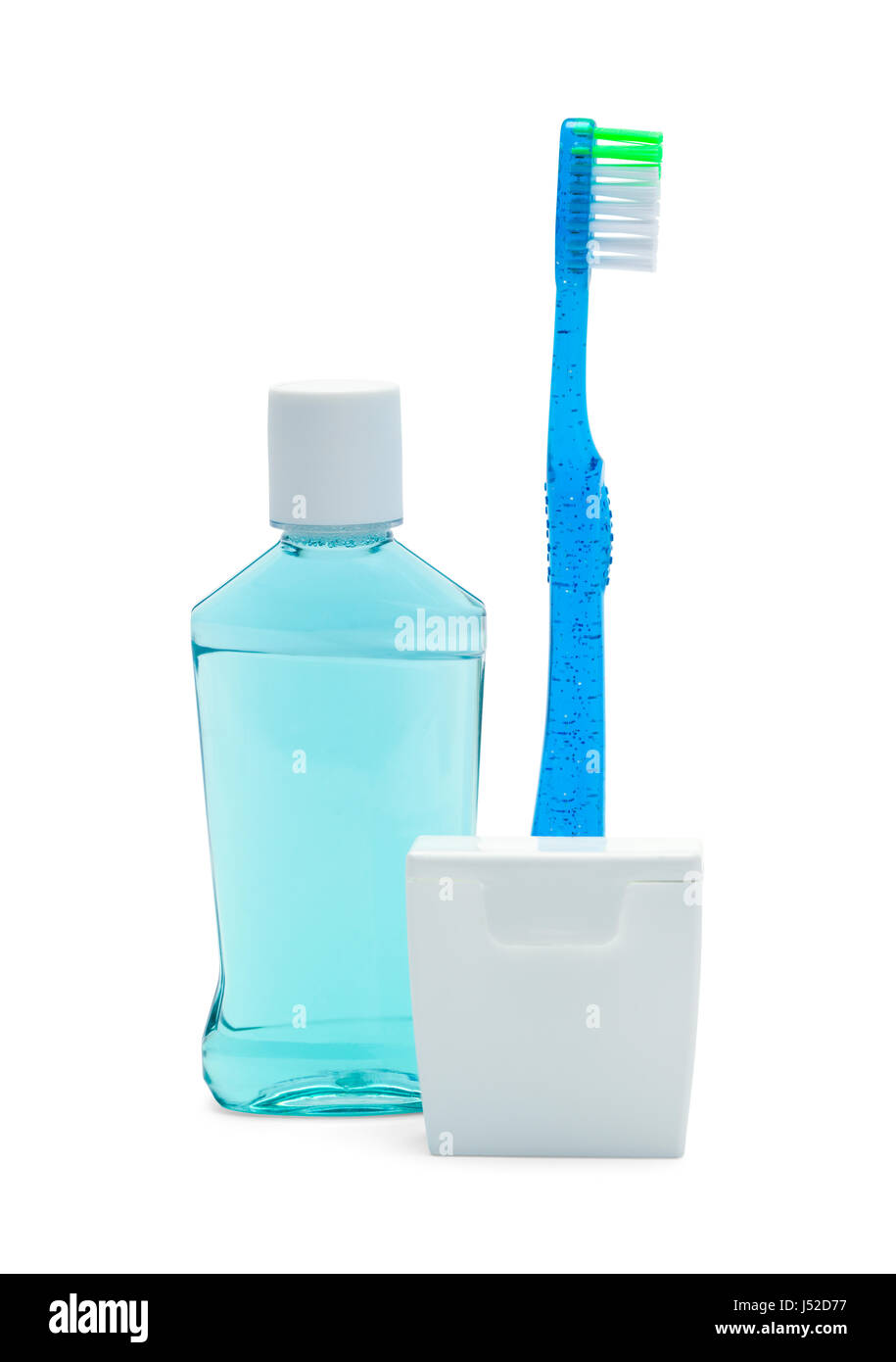 Brosse à dents avec rince-bouche et du fil dentaire isolé sur fond blanc. Banque D'Images