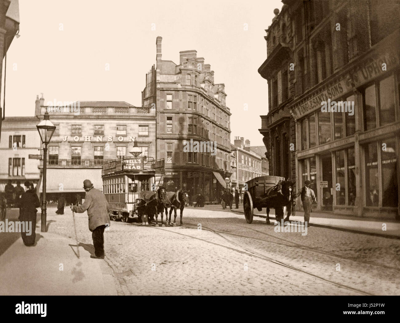 Tramway à chevaux, le centre-ville de Manchester, Angleterre, RU), ch. 1890 Banque D'Images