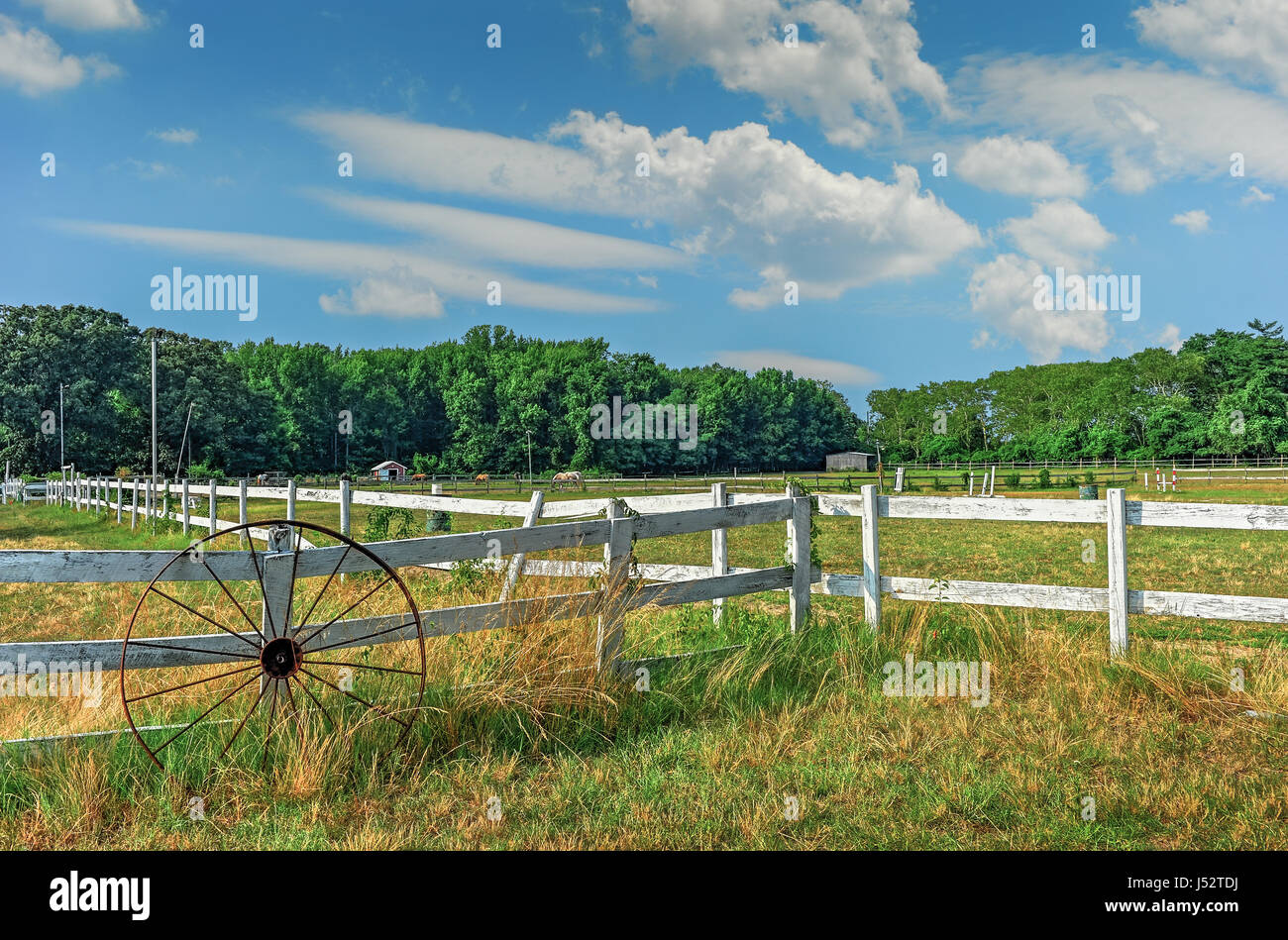 Horse stable dans le Maryland sur une journée d'été avec roue de chariot et clôture rustique Banque D'Images