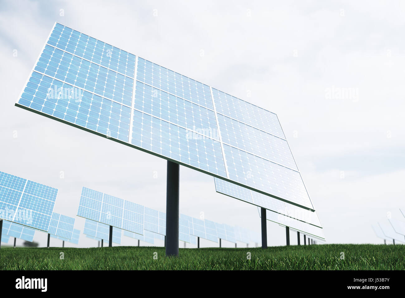 Illustration 3D de la réflexion des nuages à l'cellules photovoltaïques. Panneaux solaires bleu sur l'herbe. Source d'électricité alternative Concept. L'énergie écologique, l'énergie propre Banque D'Images