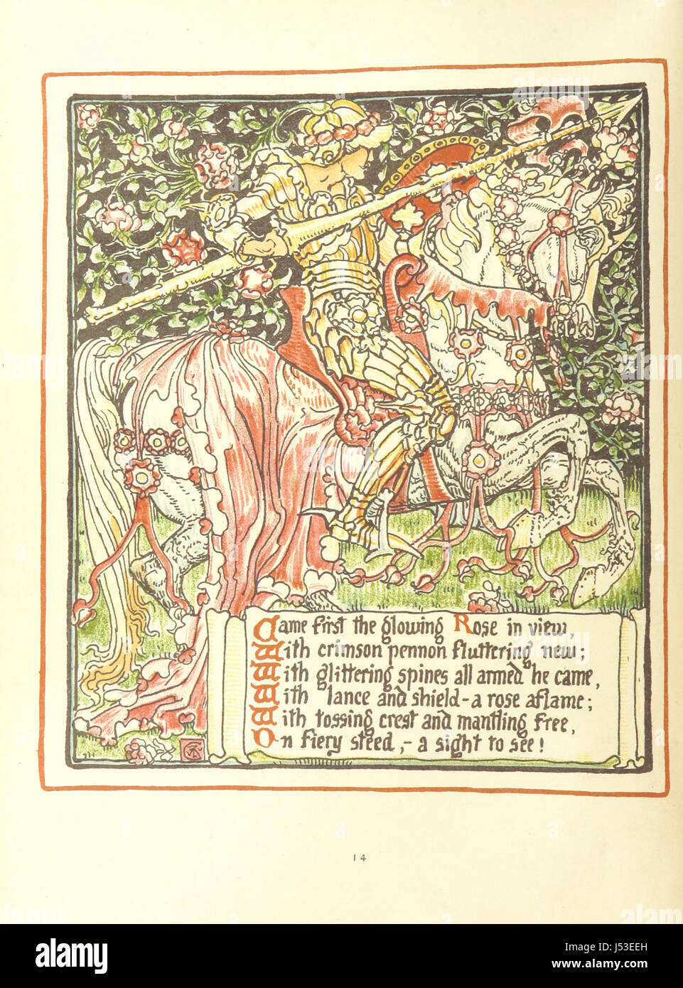 Une description de Queen Summer ; or, the Tourney of the Lily & the rose, une œuvre de Walter Crane, illustrant la contribution de l'artiste à l'illustration de livres de l'époque victorienne. Banque D'Images