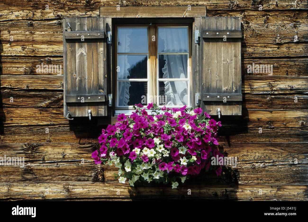 La construction fenêtre lucarne bucolique hublot volet bois fleurs Banque D'Images