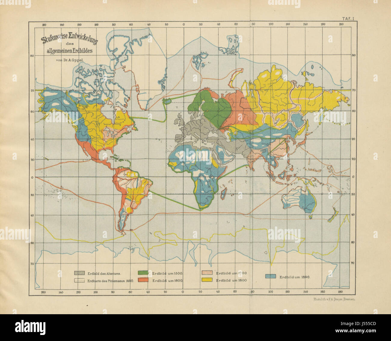 Terra incognita est un aperçu concis du développement progressif des connaissances géographiques de la fin du moyen âge à nos jours, accompagné de cinq cartes illustrant ces changements dans le temps. Banque D'Images