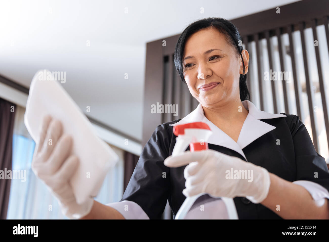 Hotel maid gaie positive la pulvérisation de l'agent de nettoyage Banque D'Images