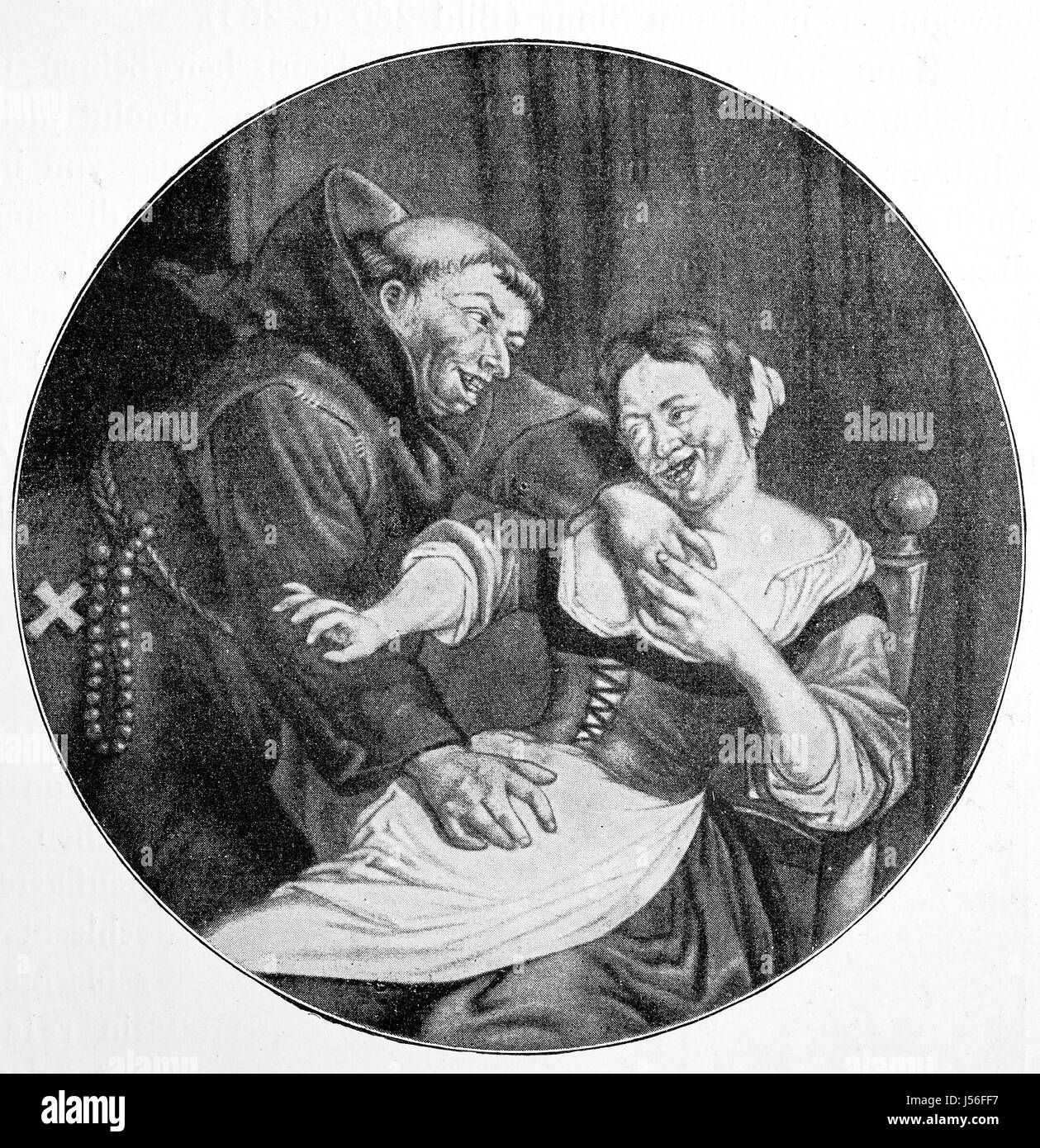 Quand le forgeron travaille, le moine flirte avec son épouse, Kupferstich, Hollande, 17e siècle, l'amélioration de la reproduction numérique d'une publication de l'année 1880 Banque D'Images