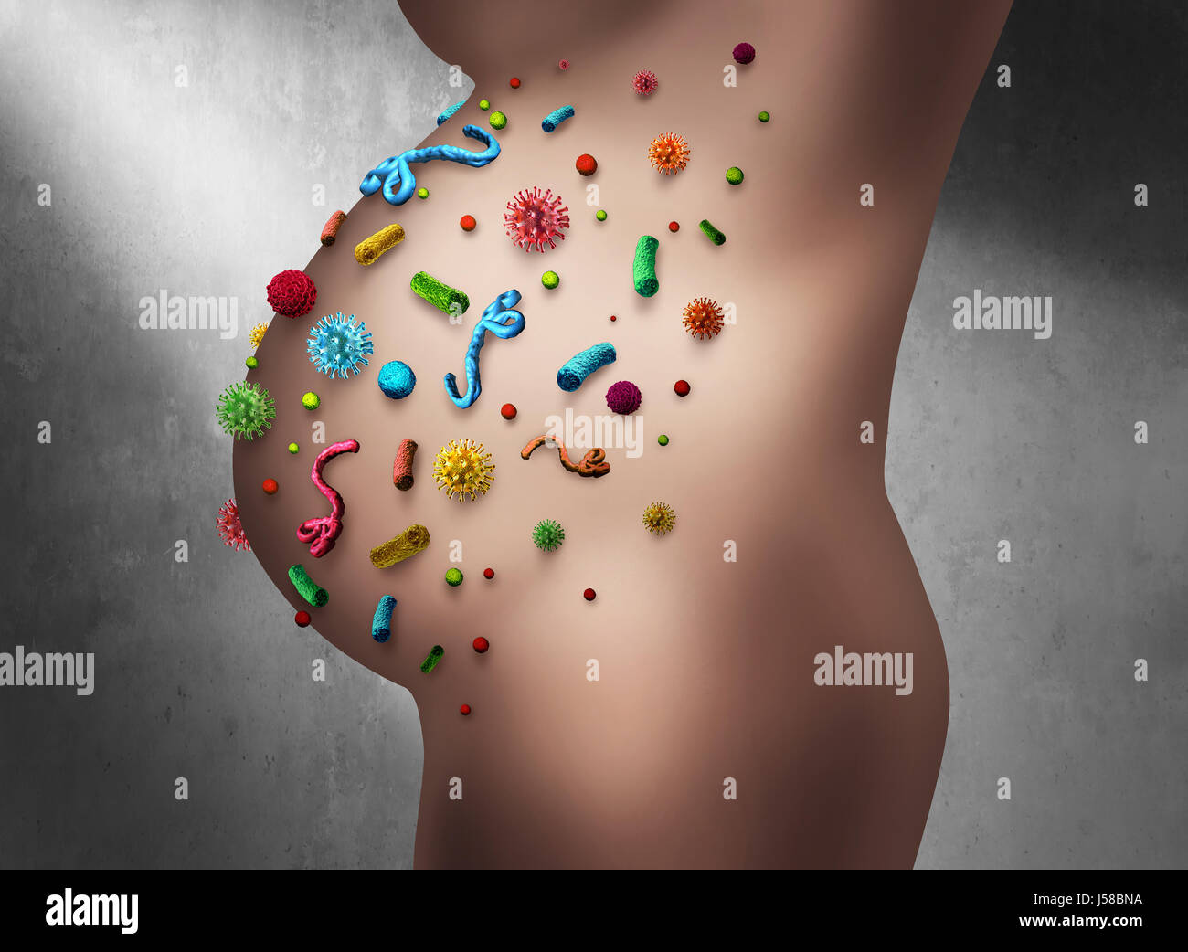 La maladie de la grossesse qu'une femme enceinte enceinte d'un foetus en danger avec un groupe de maladie du virus et bactéries cellules. Banque D'Images