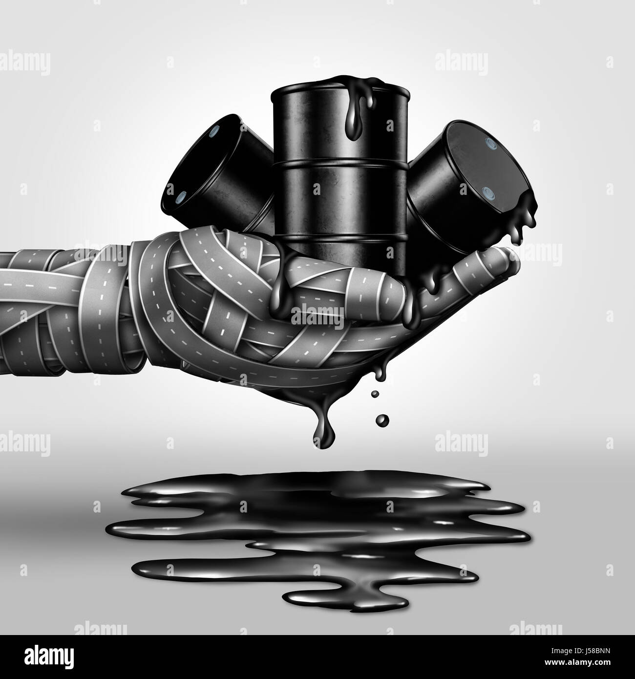 Du carburant sale concept comme un baril de pétrole brut pétrole fuite groupe dans un écoulement comme un groupe de rues façonne une une main humaine comme un 3d illustration. Banque D'Images