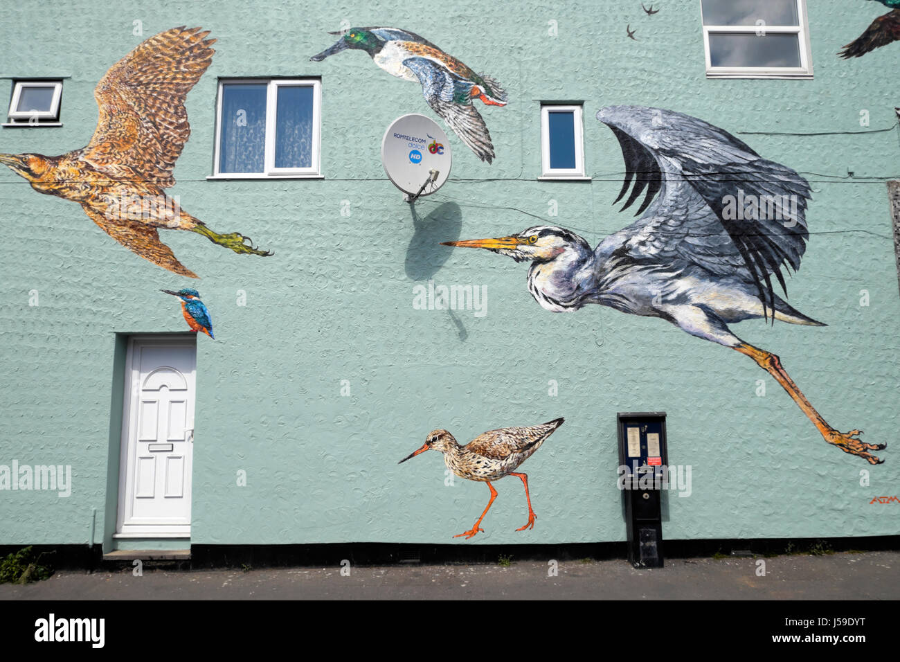 La peinture d'oiseaux de voler les oiseaux des zones humides sur le mur d'un immeuble sur Coppermill Lane à Walthamstow, East London UK KATHY DEWITT Banque D'Images