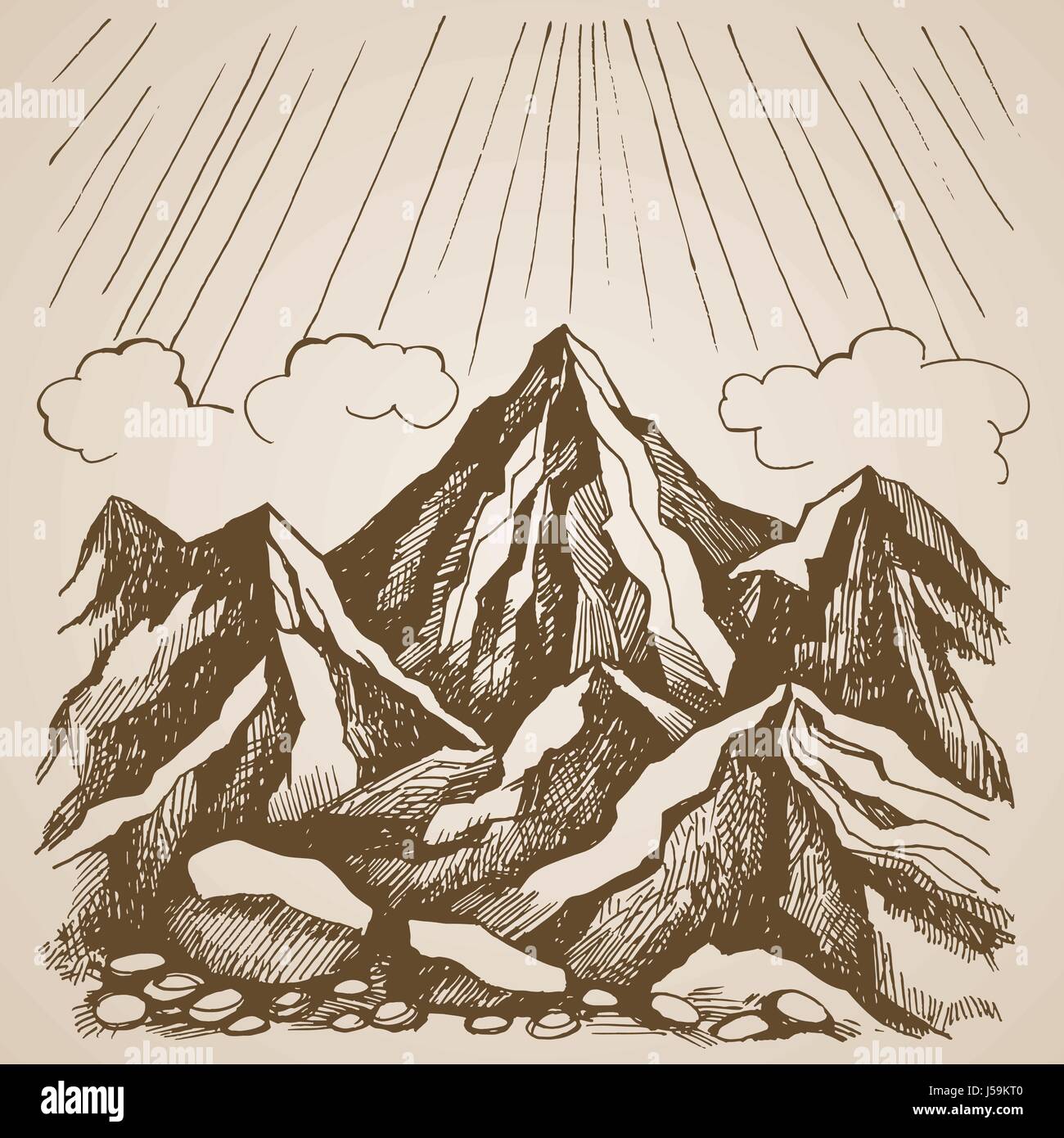 Montagnes et rochers contre le ciel avec des nuages Illustration de Vecteur