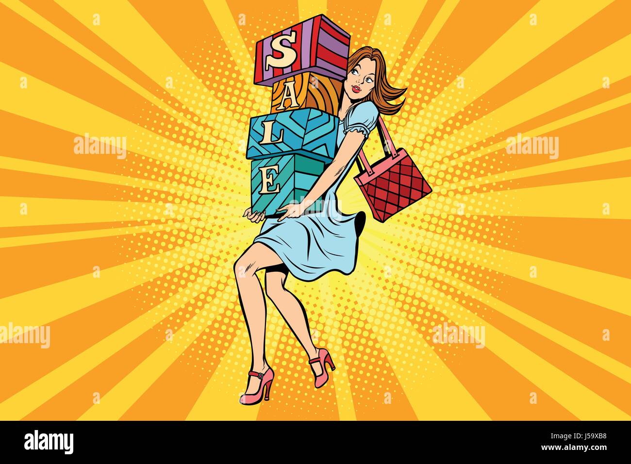 Jeune femme avec des cases vente, acheteur et shopping Illustration de Vecteur