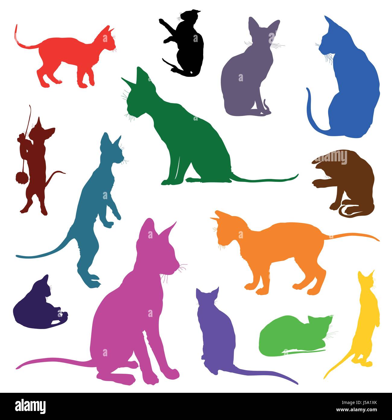 Jeu de silhouettes colorées chats isolés (assis, debout, couché) sur fond blanc Illustration de Vecteur