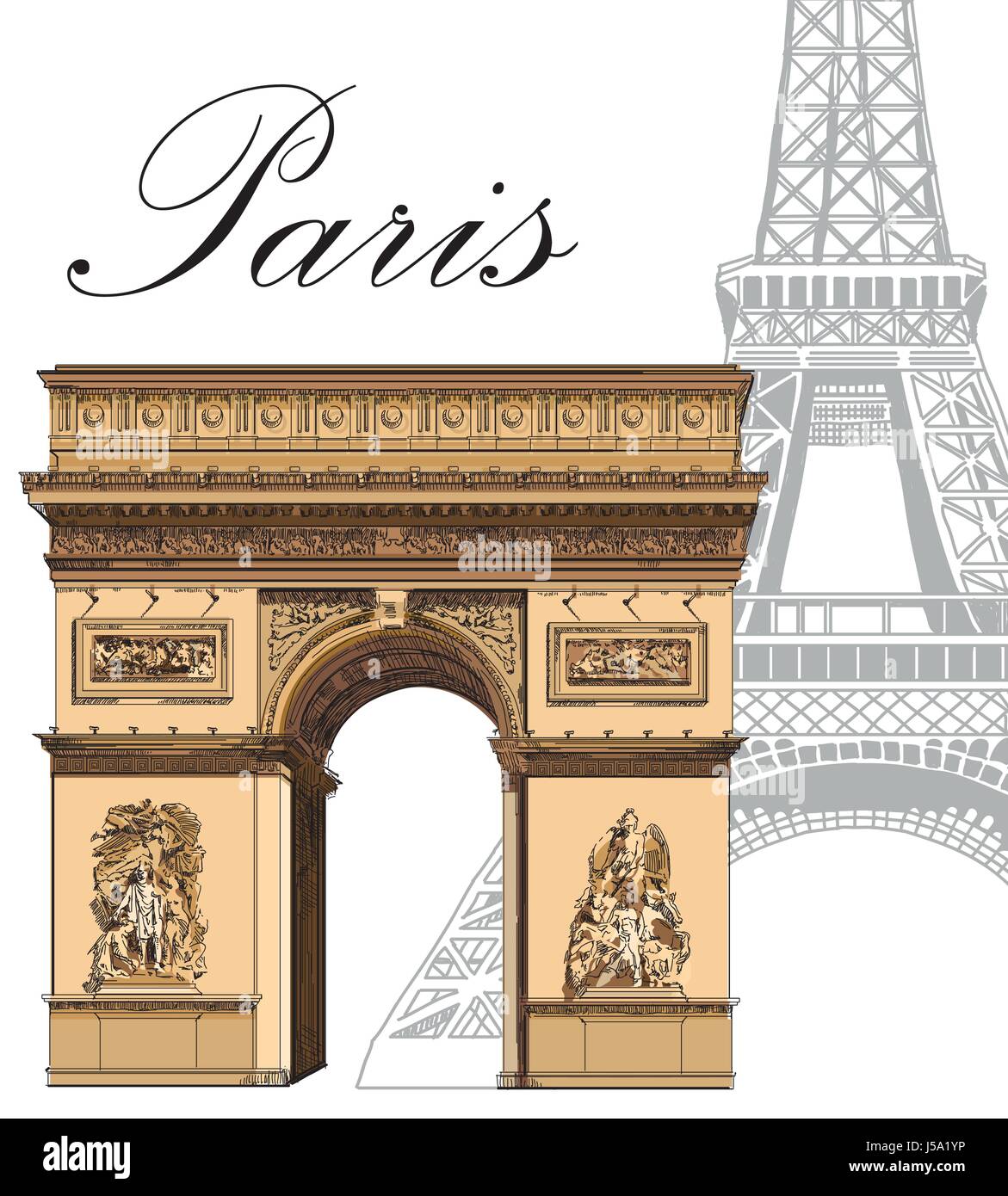 La tour Eiffel en gris et coloré de Triomphe (monuments de Paris, France) vector illustration dessin main isolé sur fond blanc Illustration de Vecteur