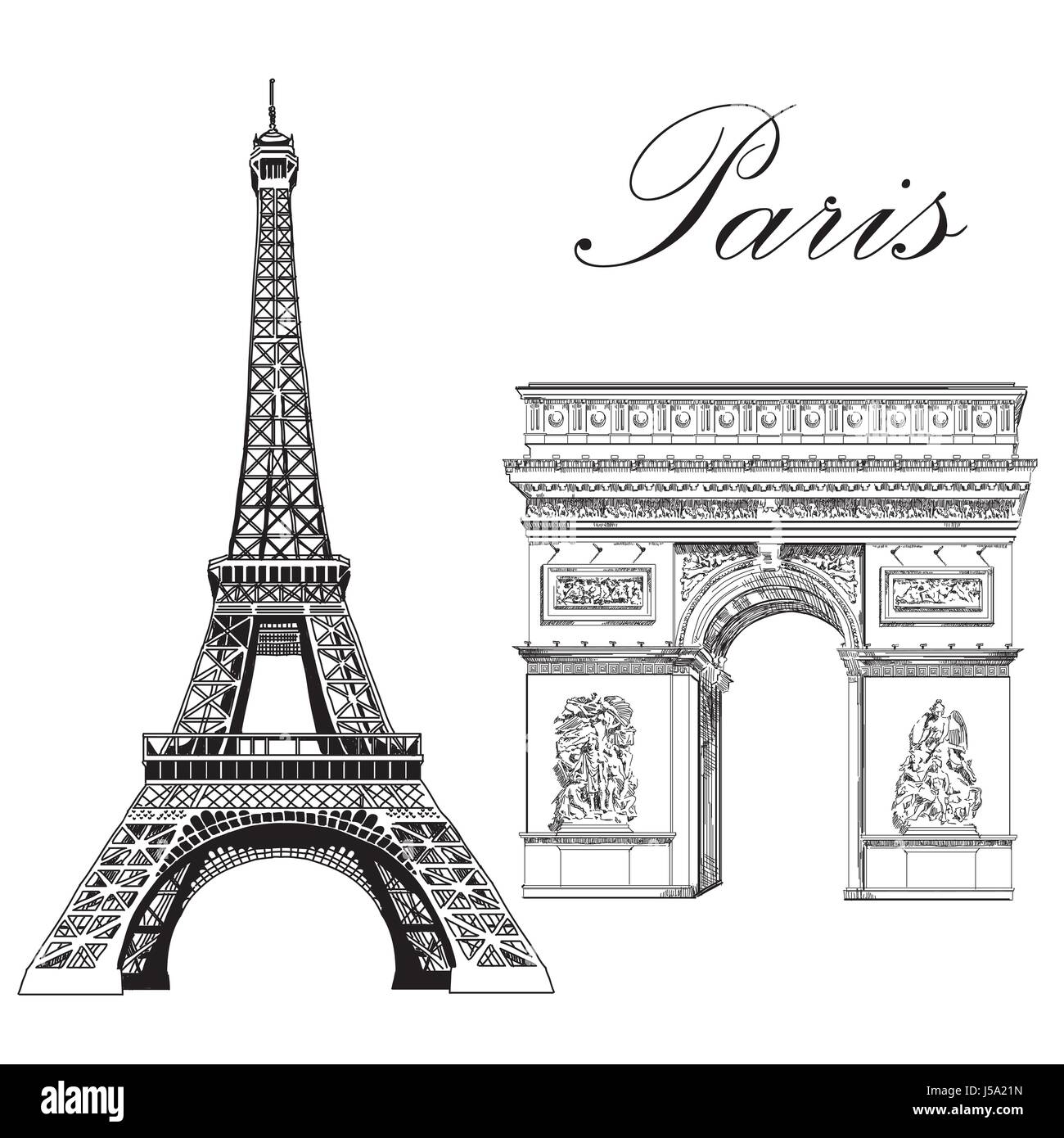 La tour Eiffel et l'Arc de Triomphe (monuments de Paris, France) vector illustration dessin main isolé en couleur noir sur fond blanc Illustration de Vecteur