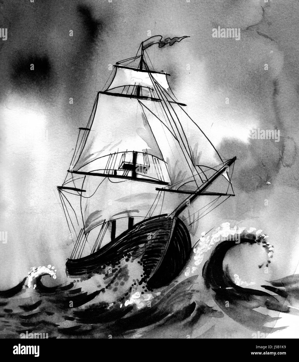 Vieux bateau dans une mer agitée Banque D'Images