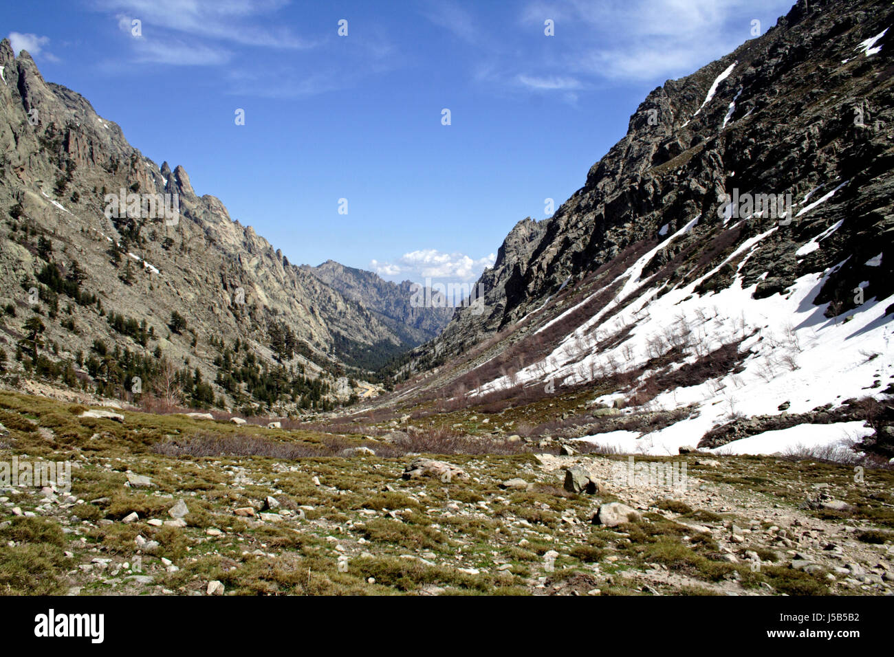 Ravins corse dentelées de la vallée de la Restonica schneebedekt boulder mountain Banque D'Images