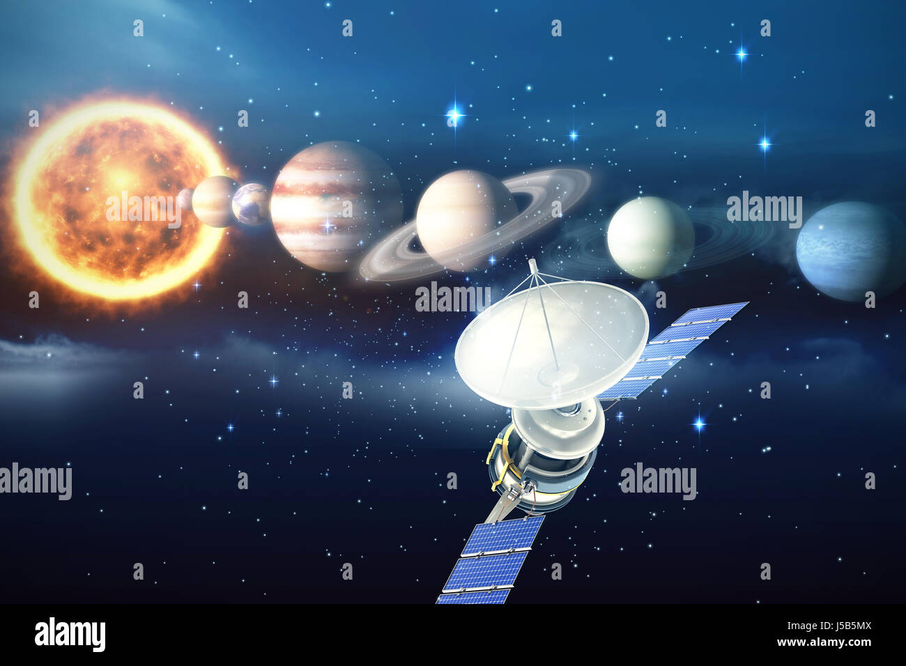 Image de vecteur 3d'ofÃ Â satellite solaire contre l'image composite des planètes et du soleil Banque D'Images