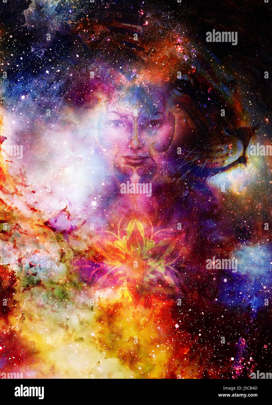 Femme Goodnes et lion et de mandala. Arrière-plan de l'espace cosmique. Mystic femme avec oiseau phoenix tatouage au visage. contact avec les yeux Banque D'Images