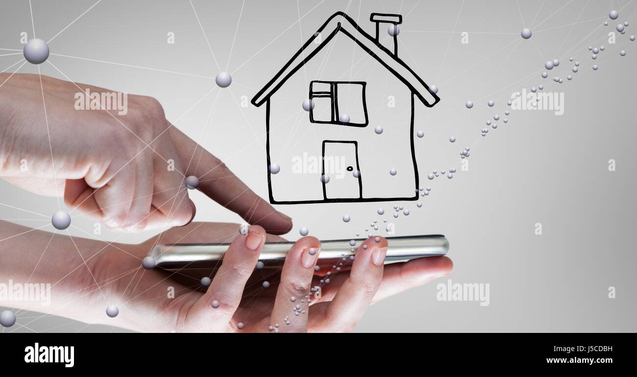 Digital composite des mains à l'aide de téléphone mobile contre appelée chambre Banque D'Images