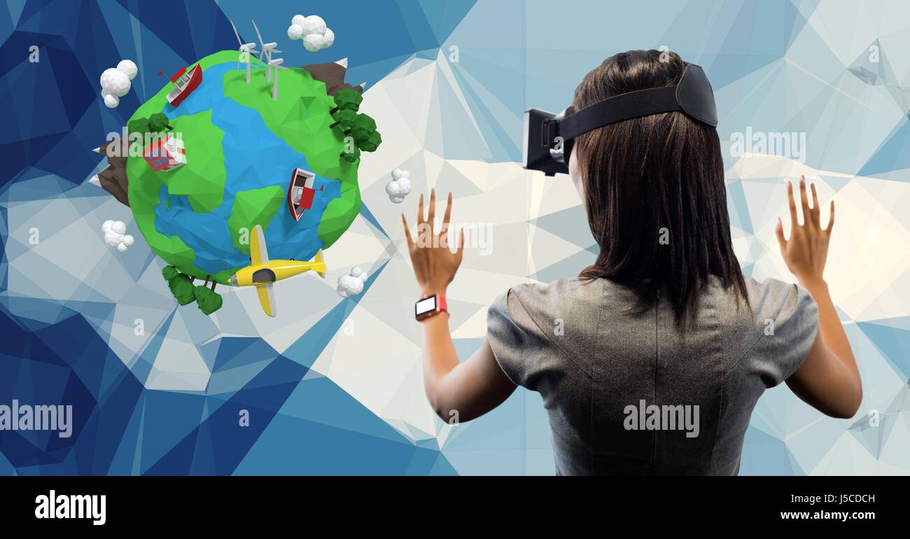 Digital composite de porter des lunettes VR avec poly basse terre en arrière-plan Banque D'Images