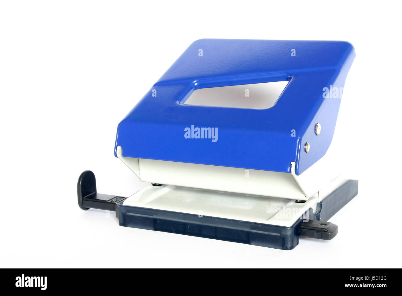 Main office bleu 24 trous plumes arc arcs punch perforatrice feuille de papier Banque D'Images