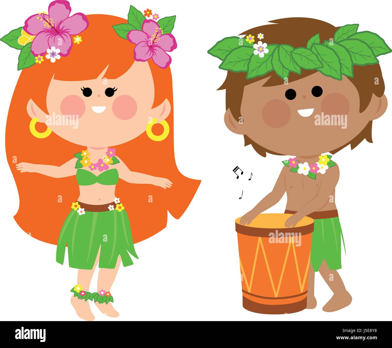 Hawaiian enfants jouant de la musique avec un tambour et danse hula Illustration de Vecteur