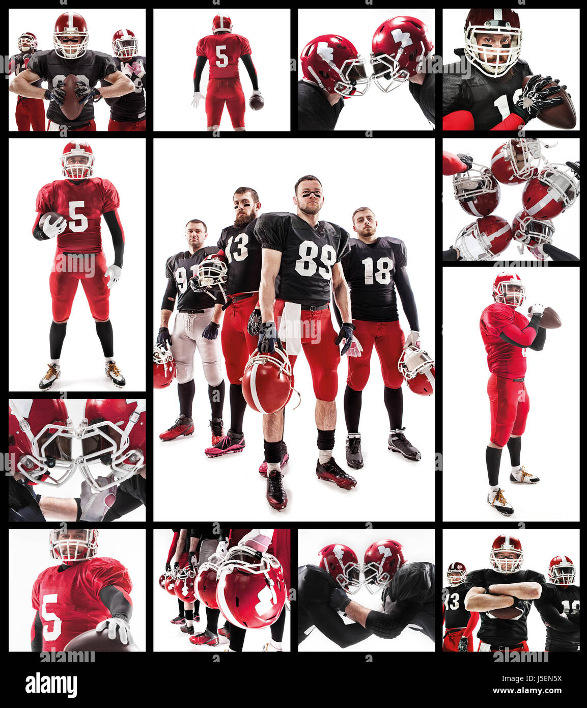 Les quatre joueurs de football américain posant avec balle sur fond ...