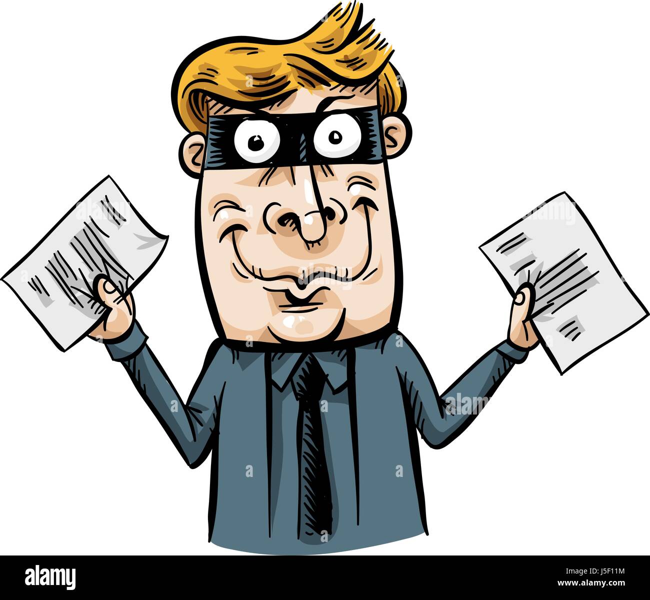 Un voleur furtivement dans un costume foncé contient le papier et sourit parce qu'il a volé des documents. Illustration de Vecteur