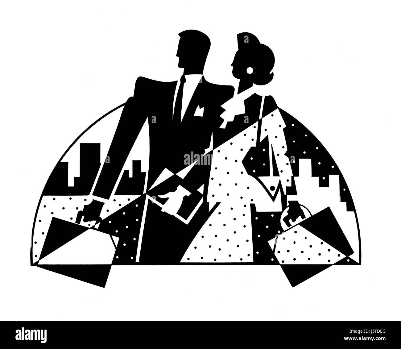 Couple élégant avec des valises en face de cityscape Banque D'Images