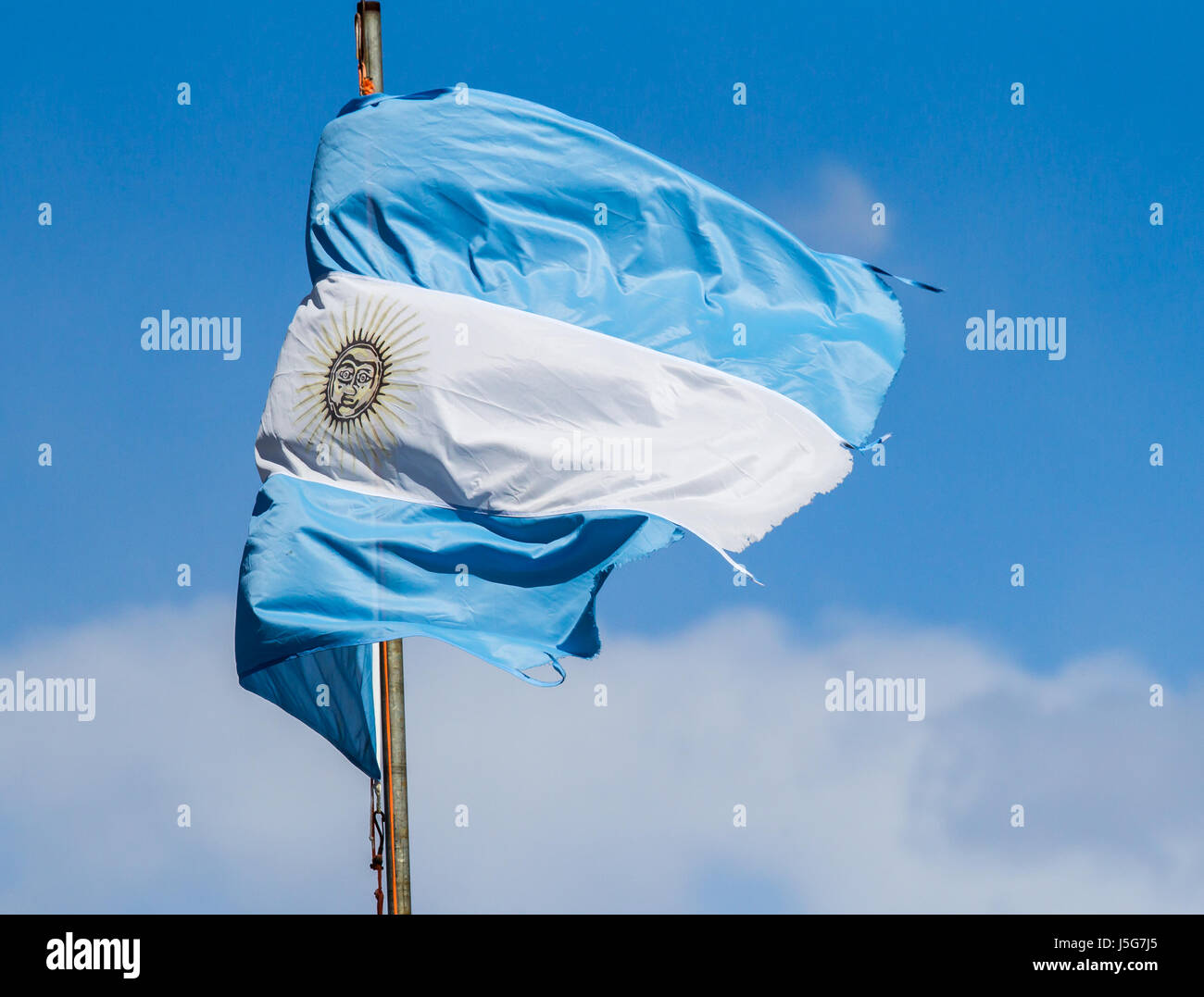 Drapeau de l'Argentine en lambeaux après avoir combattu l'hiver rugueux Banque D'Images