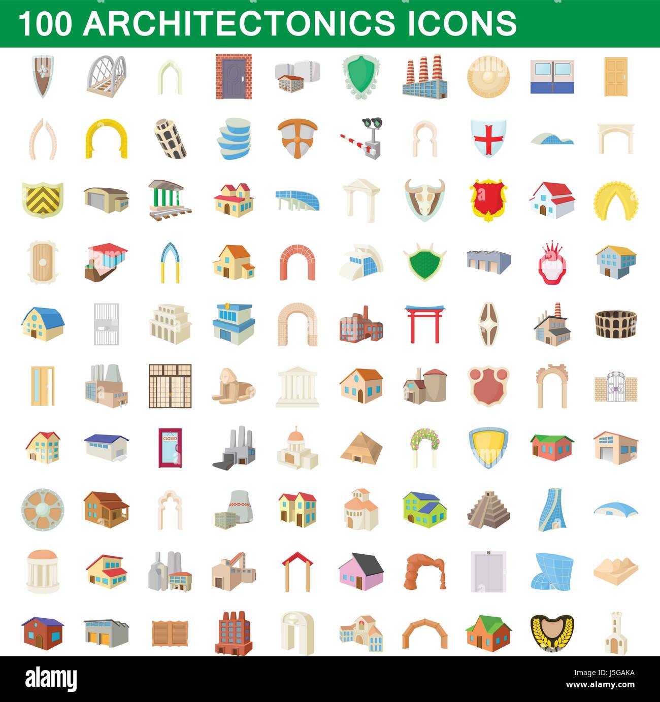 100 icons set architectonique, cartoon style Illustration de Vecteur