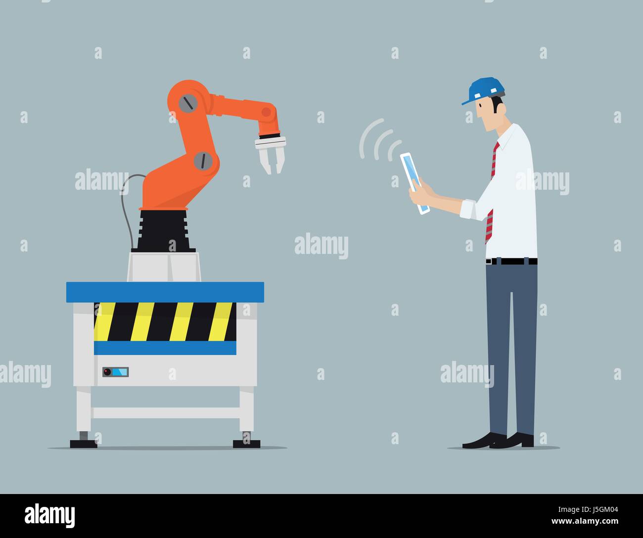 4.0 Concept d'automatisation d'usine de l'industrie. Les mains du robot contrôlé par ingénieur avec Tablette PC. Illustration de Vecteur