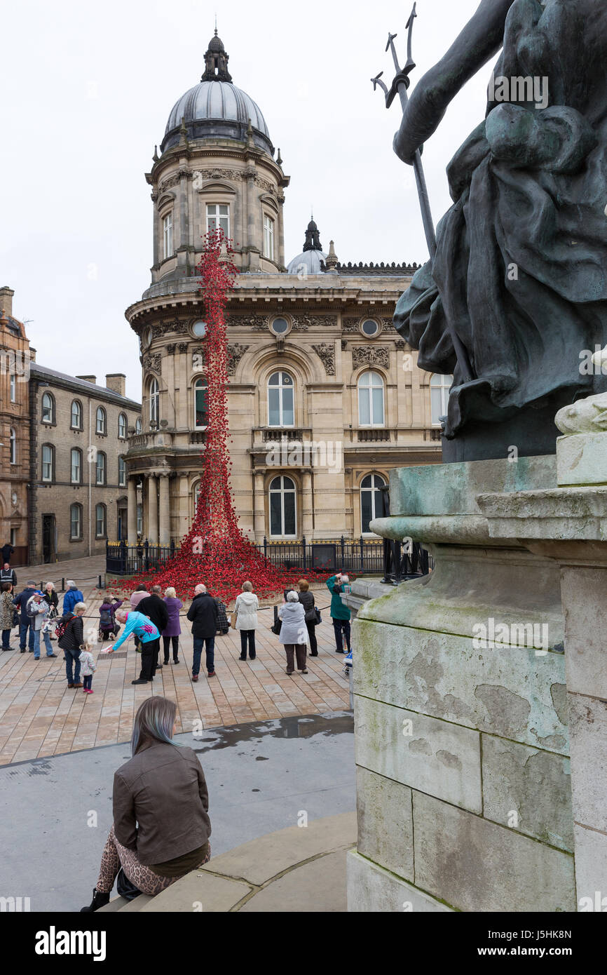 Fenêtre en pleurs, coquelicots dans le centre-ville de Hull Banque D'Images