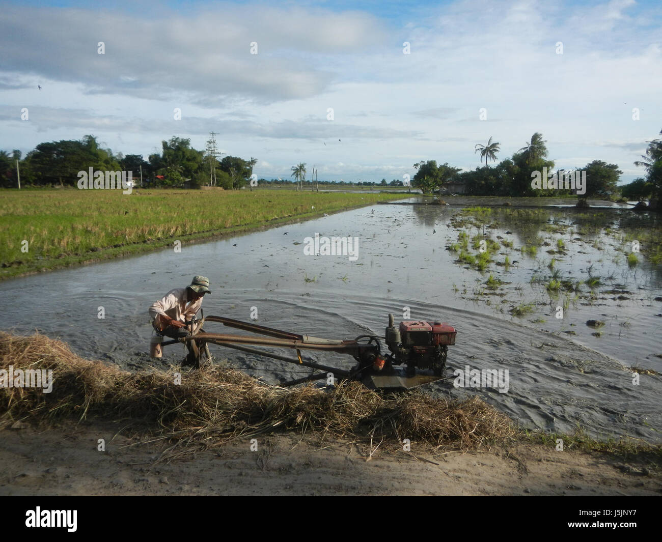 La route du marché agricole à Sitio Hulo, Pampanga, relie les zones rurales de Tagulod et Candaba. Cette route fait partie intégrante de l'économie agricole de la région et facilite le transport des produits agricoles. Banque D'Images