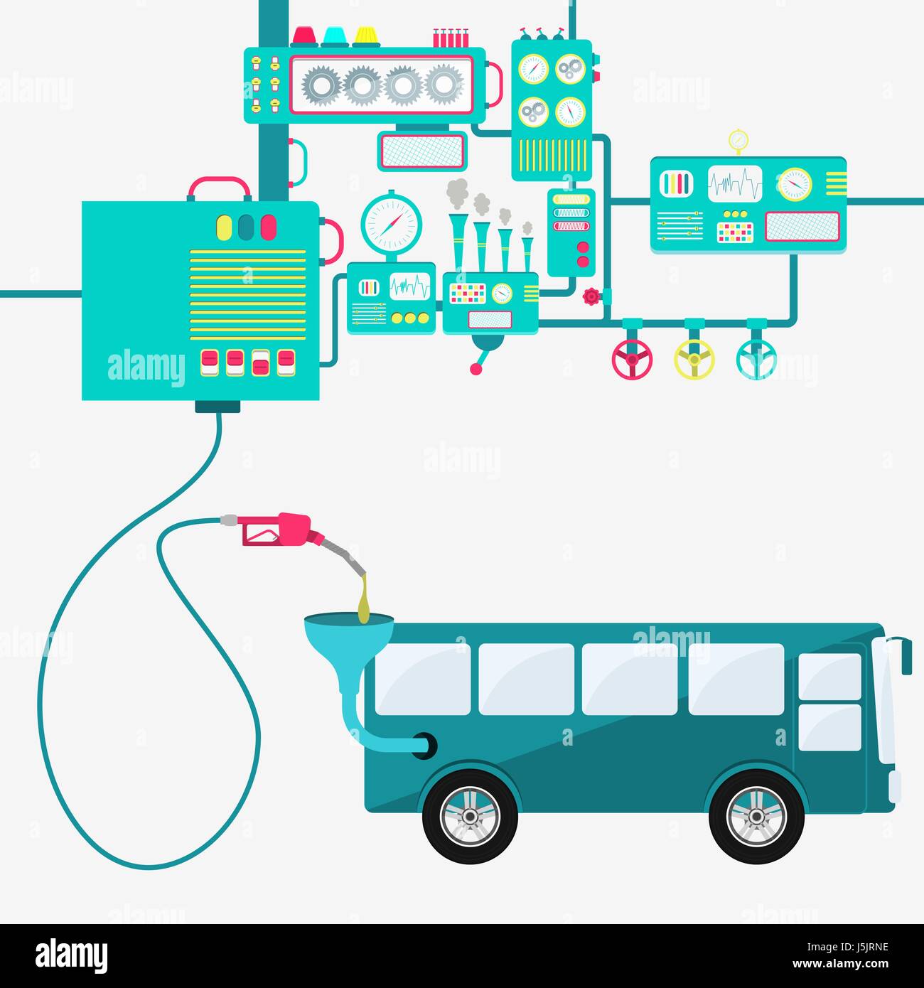 L'usine de machines et de ravitaillement en essence de raffinage d'un bus. Alimenté par bus une pompe à essence. Illustration de Vecteur