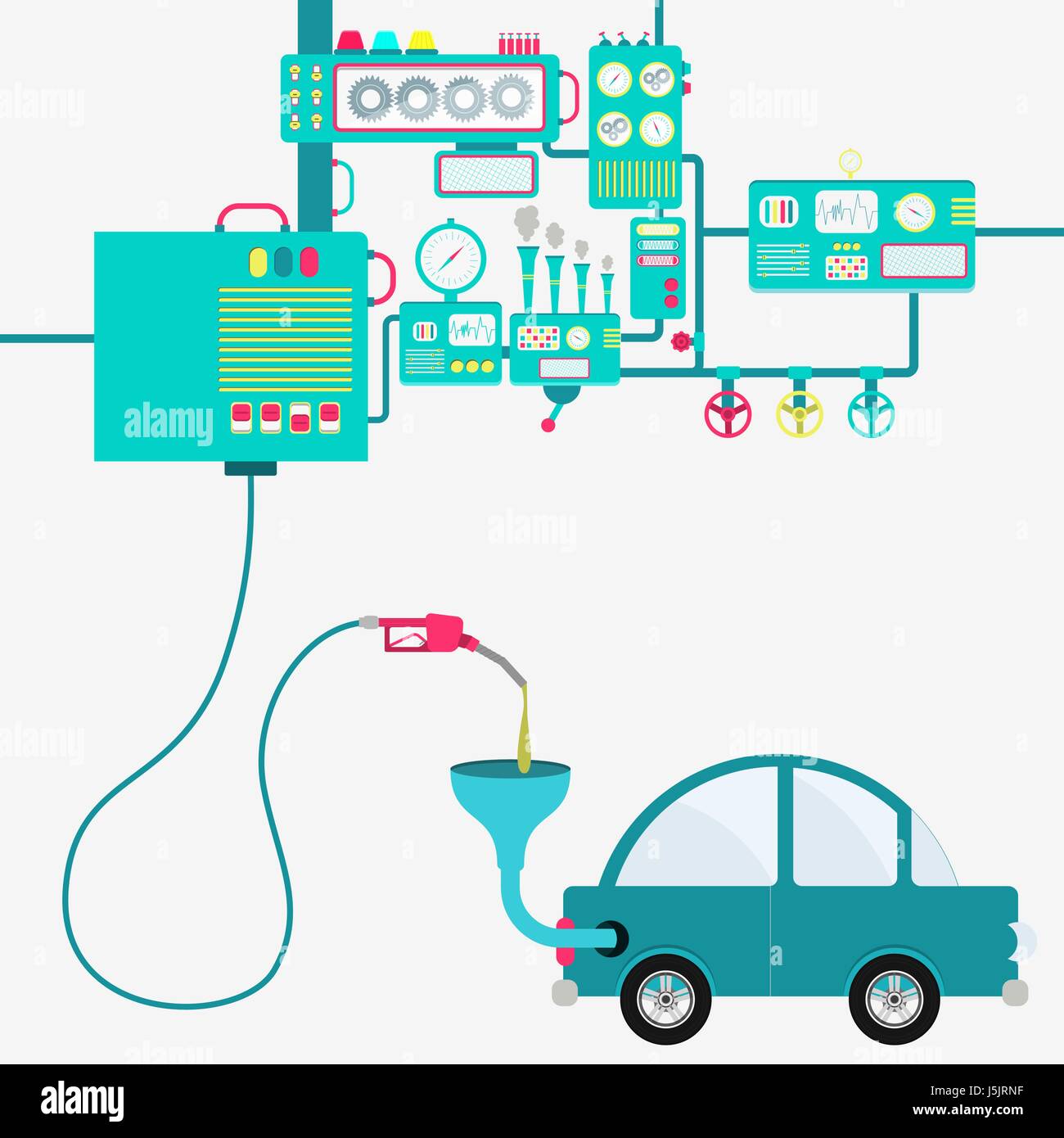 L'usine de machines et de ravitaillement en essence de raffinage d'une voiture. Voiture alimentée par une pompe à essence. Illustration de Vecteur