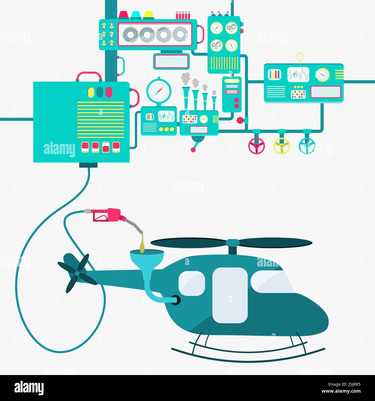 L'usine de machines et de ravitaillement en essence de raffinage d'un hélicoptère. Copter alimenté par une pompe à essence. Illustration de Vecteur
