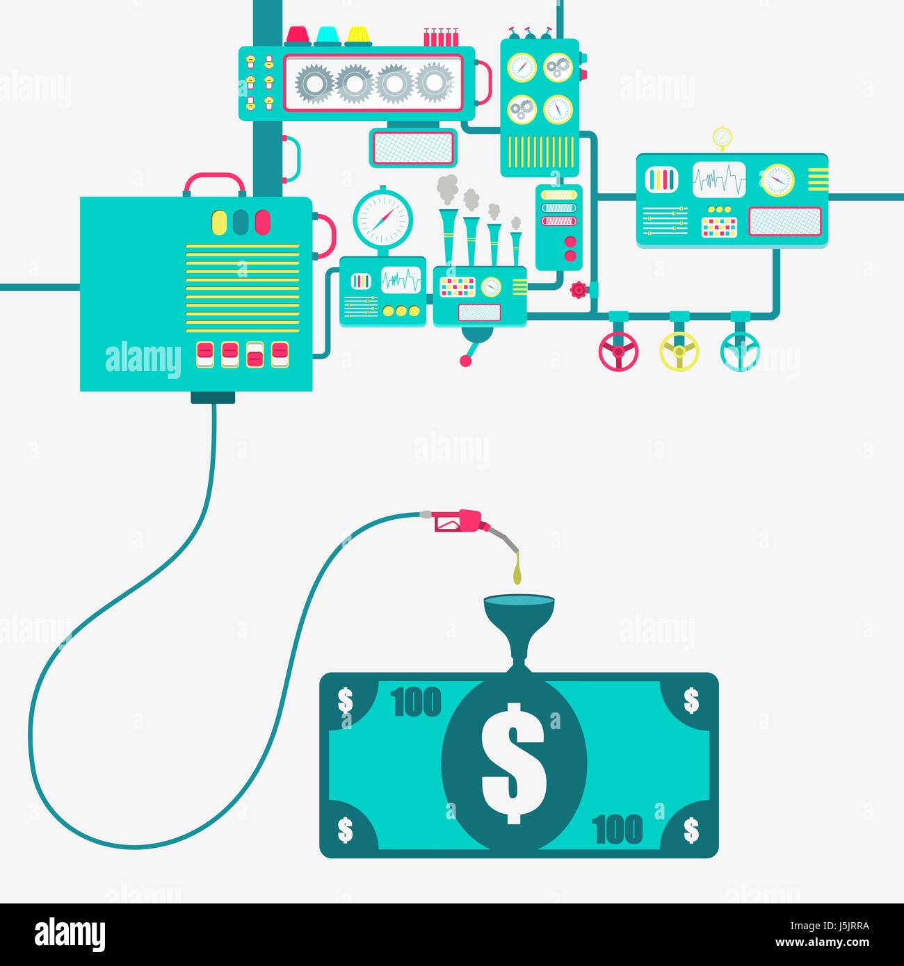 L'usine de machines et de ravitaillement en essence de raffinage d'un billet. L'argent étant alimentée par une pompe à essence. Illustration de Vecteur