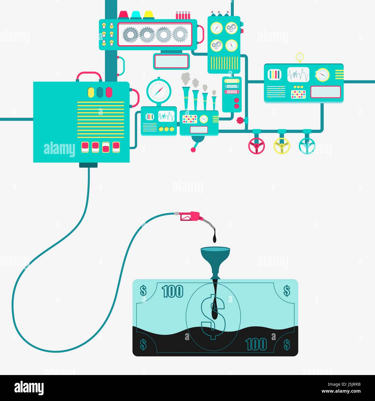 L'usine de machines et de ravitaillement en pétrole raffinage un billet. L'argent étant alimentée par une pompe à essence. Illustration de Vecteur