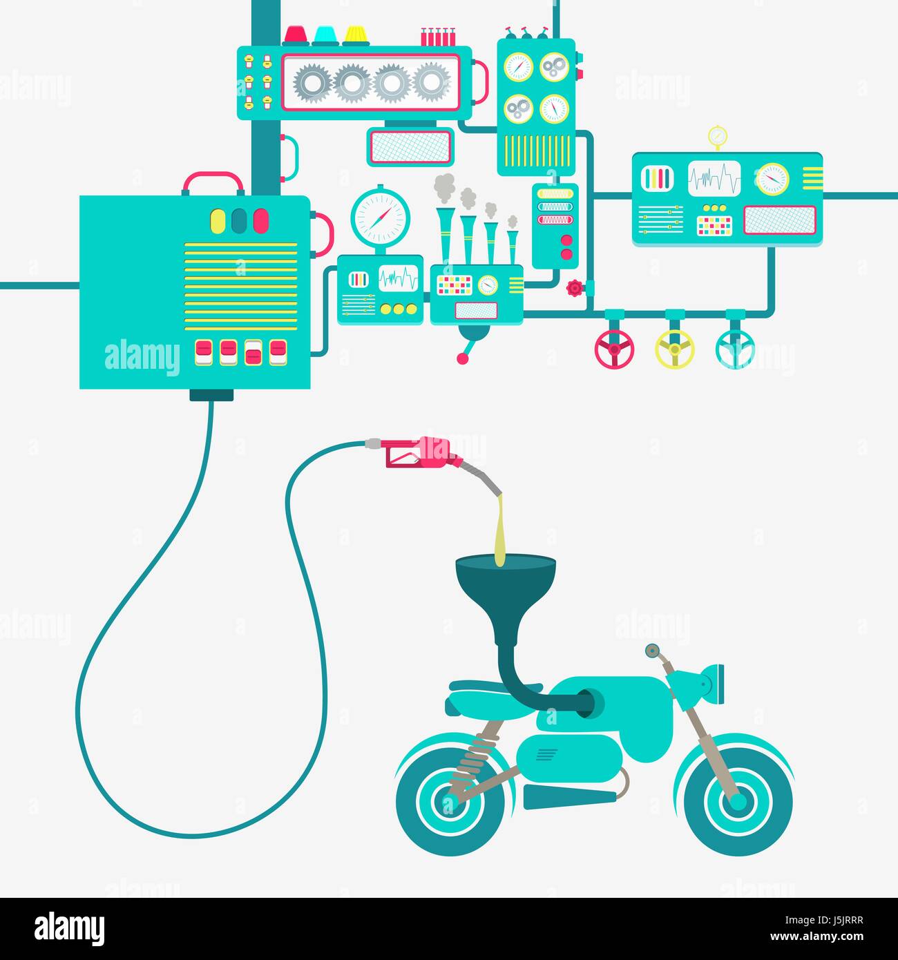L'usine de machines et de ravitaillement en essence de raffinage d'une motocyclette. Moto alimentée par une pompe à essence. Illustration de Vecteur