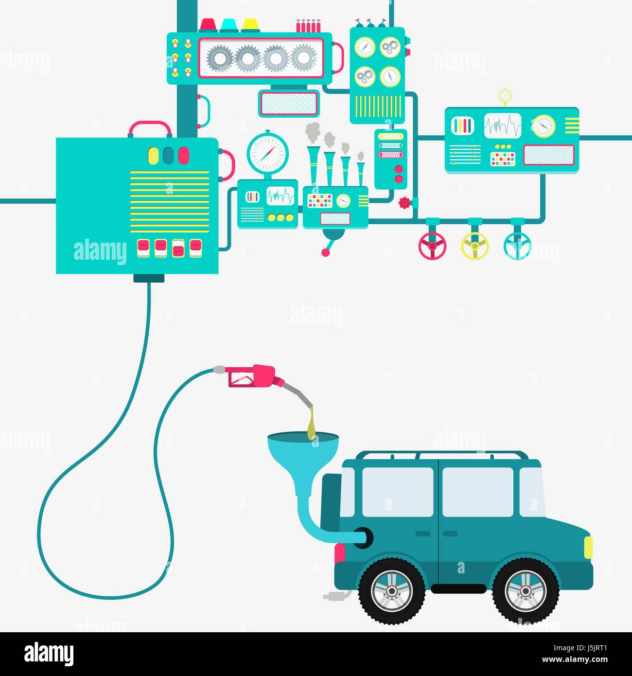 L'usine de machines et de ravitaillement en essence de raffinage une voiture hors route. Voiture alimentée par une pompe à essence. Illustration de Vecteur