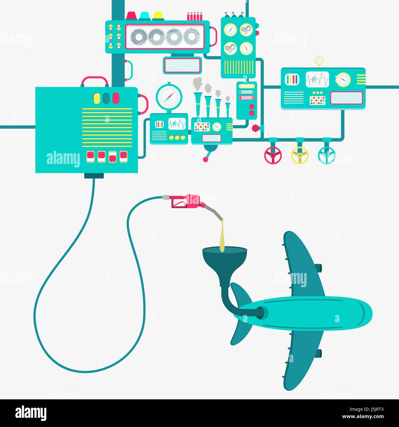 L'usine de machines et de ravitaillement en essence de raffinage d'un avion. Avion alimenté par une pompe à essence. Illustration de Vecteur