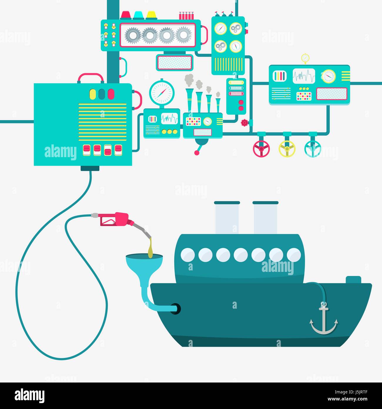 L'usine de machines et de ravitaillement en essence de raffinage d'un bus. Alimenté par bus une pompe à essence. Illustration de Vecteur