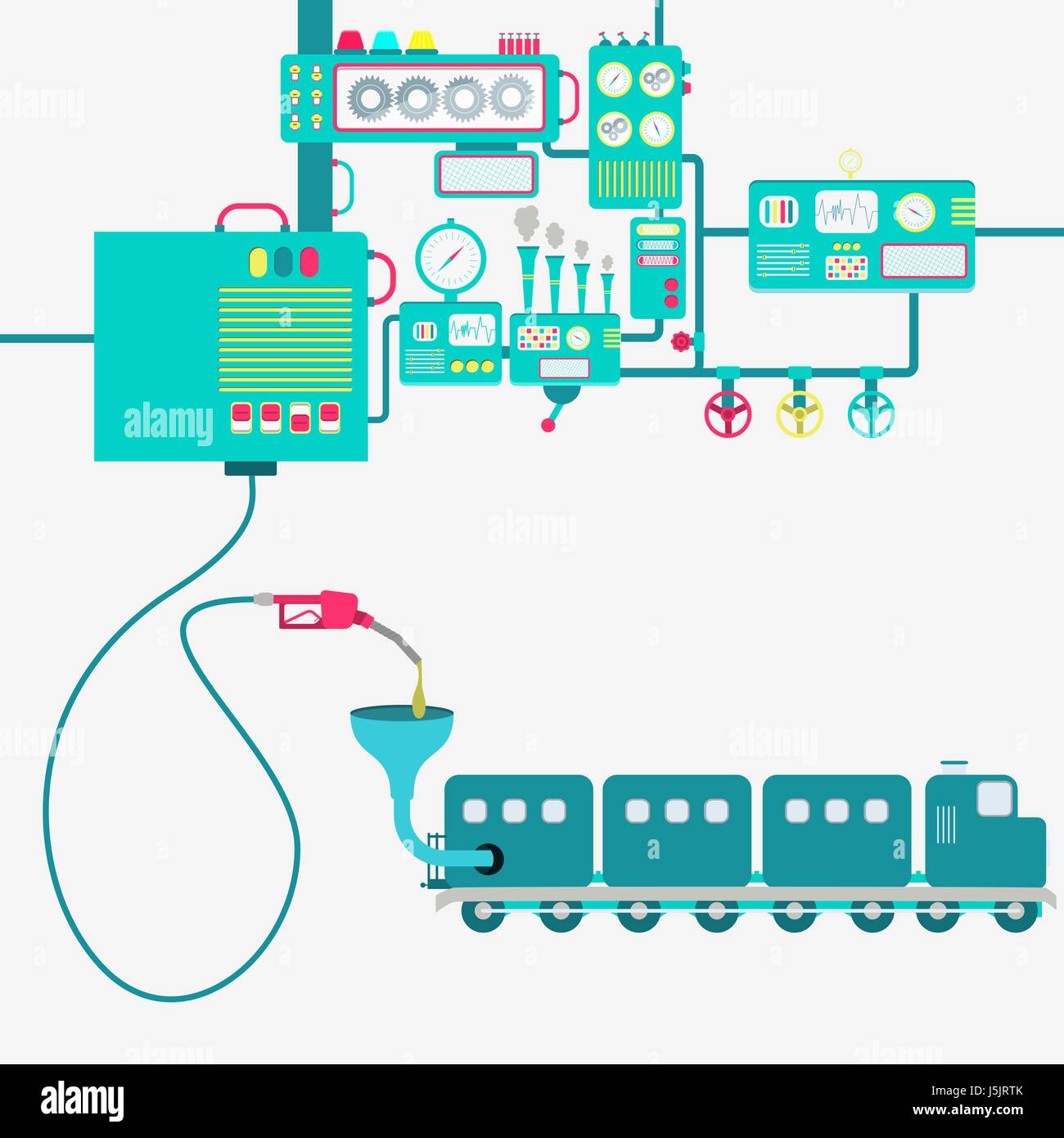 L'usine de machines et de ravitaillement en essence de raffinage d'un train. Locomotive alimentée par une pompe à essence. Illustration de Vecteur