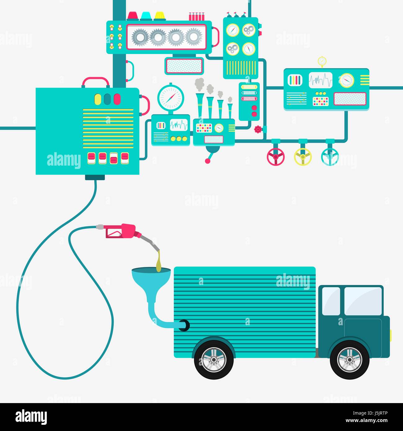 L'usine de machines et de ravitaillement en essence de raffinage un camion. Chariot alimenté par une pompe à essence. Illustration de Vecteur