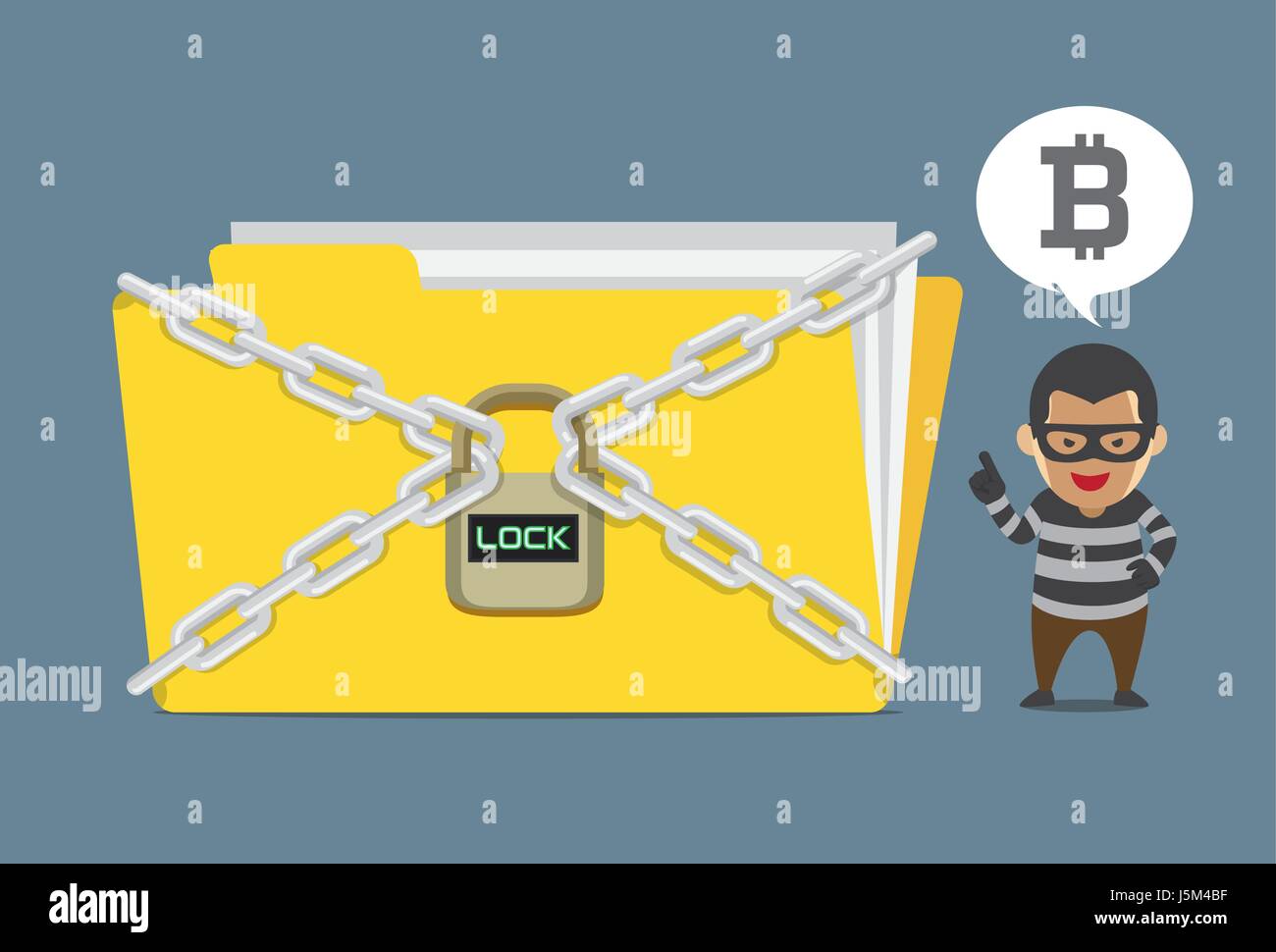 Hacker lock un fichier de données et la demande de paiement Bitcoin pour code de déverrouillage. Illustration à propos de rançon en en ligne. Illustration de Vecteur