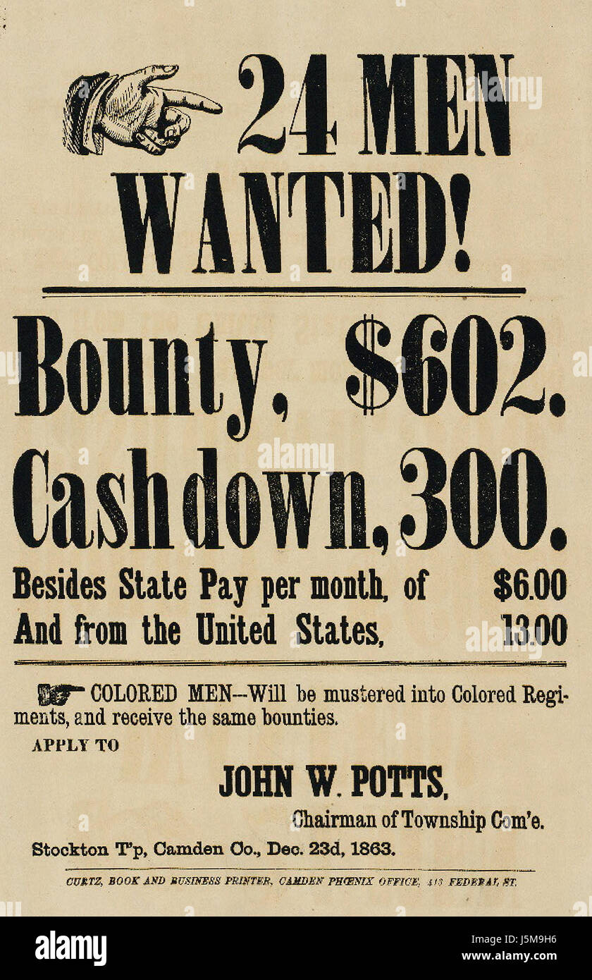 24 hommes voulait - Bounty - payé des hommes de couleur seront rassemblées dans les régiments de couleur et recevoir la même Bounty - Guerre civile américaine affiche de recrutement Banque D'Images