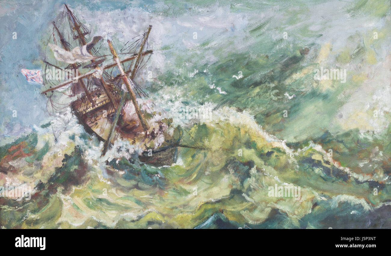 Old vintage paysage côtier nautique Bateau peinture à l'huile avec le voilier en mer agitée Banque D'Images